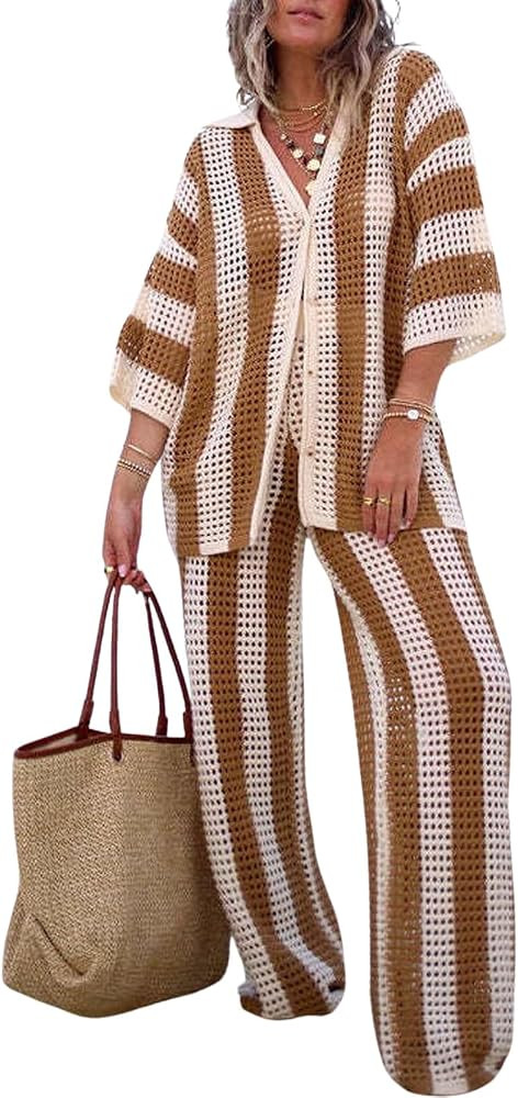 loveimgs Womens Summer 2 Piece Crochet Knit Outfit Striped Short Sleeve Button Shirt Hollow Out W... | Amazon (US)