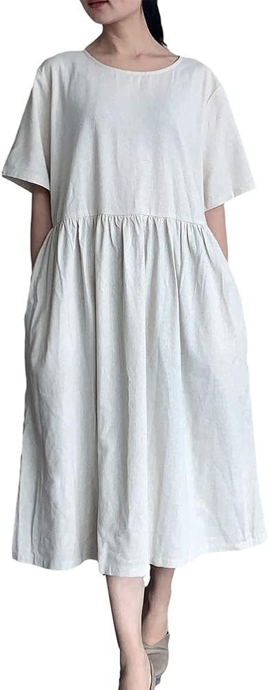 Mordenmiss Women's Cotton Linen Dress Summer Midi Dresses with Pockets | Amazon (US)