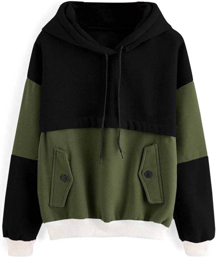 SweatyRocks Women’s Winter Color Block Long Sleeve Fleece Hoodie Sweatshirt with Pockets | Amazon (US)