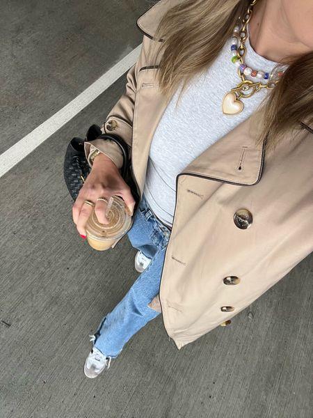 5/6/24 Rainy day outfit 🫶🏼 trench coat, trench coat outfit, Princess Polly jeans, dark wash denim, wide leg jeans, skims basics, skims long sleeve, skims tops, trucker hat outfit
