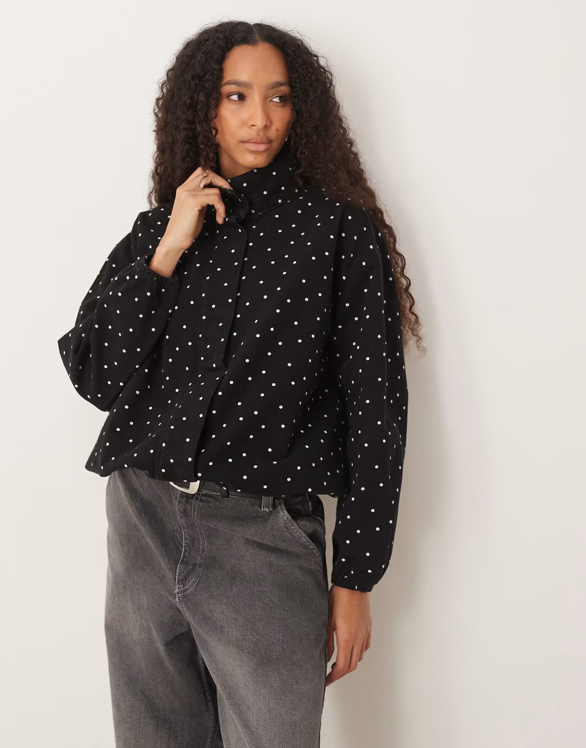 ASOS DESIGN denim funnel neck sports jacket in polka dot | ASOS (Global)