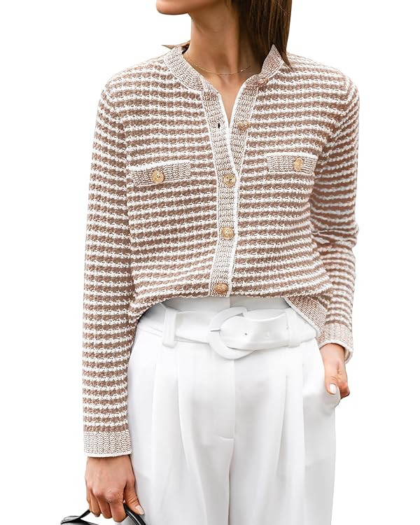 ANRABESS Women's Striped Cardigan Sweaters Casual Long Sleeve Open Front Button Down Knit Cropped... | Amazon (US)