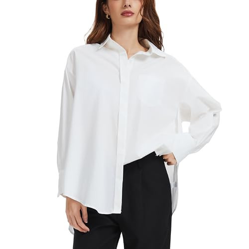 J.Corrine Women White Button Down Shirt Long Sleeve Oversized Casual Dress Shirts Blouse Shacket Side Back Slit Design Spring | Amazon (US)