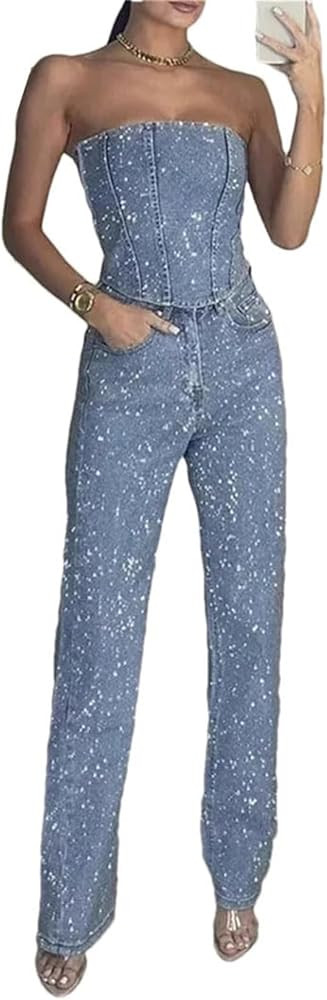 Women Diamond Denim Pant Set Backless Pocket Jeans Suit Shine Sets Slim Spring Summer Rhinestone ... | Amazon (US)