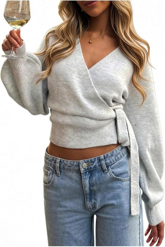 MakeMeChic Women's Wrap Sweater Front Tie Cardigan Crop Knit Fall Tops 2026 | Amazon (US)