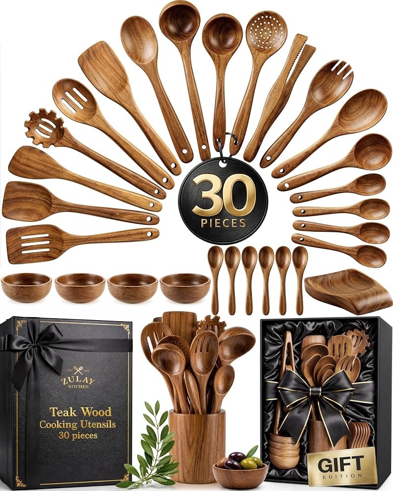 Zulay Kitchen 30-Piece Teak Wooden Utensils - Natural Teak Cooking Utensils with Premium Gift Box... | Amazon (US)