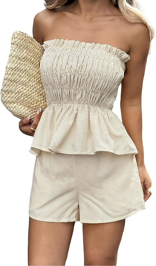 Women 2 Piece Outfits Ruffle Stripe Shorts Set 2026 Summer Off Shoulder Smocked Crop Top Mini Sho... | Amazon (US)