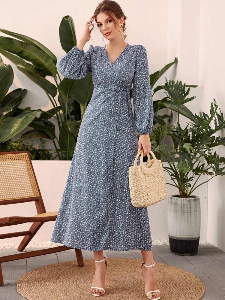 Ditsy Floral Bishop Sleeve Knot Side Wrap Dress | SHEIN
