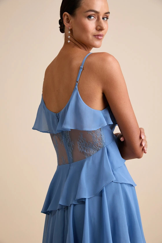 Dalena Dusty Blue Ruffled Lace Maxi Dress | Lulus