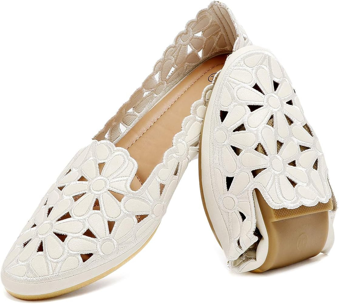 HEAWISH Women's Floral Ballet Flats for Women Black Beige Slip On Flowers PU Leather Round Toe Dr... | Amazon (US)