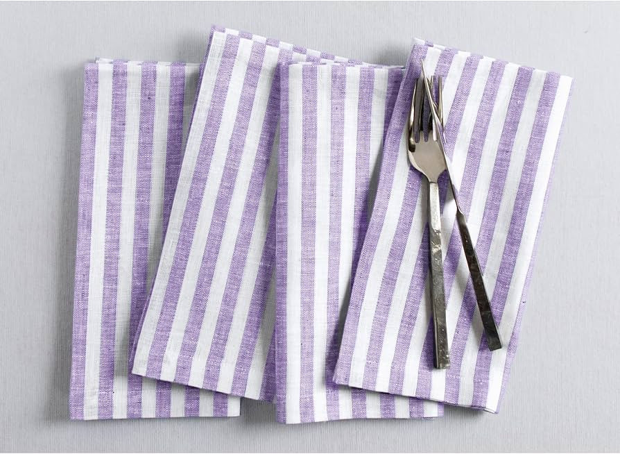 Solino Home Linen Cloth Napkins Set of 4-100% Pure Linen Violet and White Striped Dinner Napkins ... | Amazon (US)