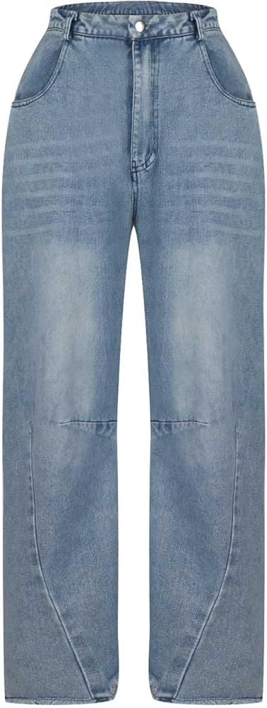 Yxzogd Womens Casual Wide Leg Jeans Button High Waisted Denim Pants Solid Baggy Trousers Ripped H... | Amazon (US)