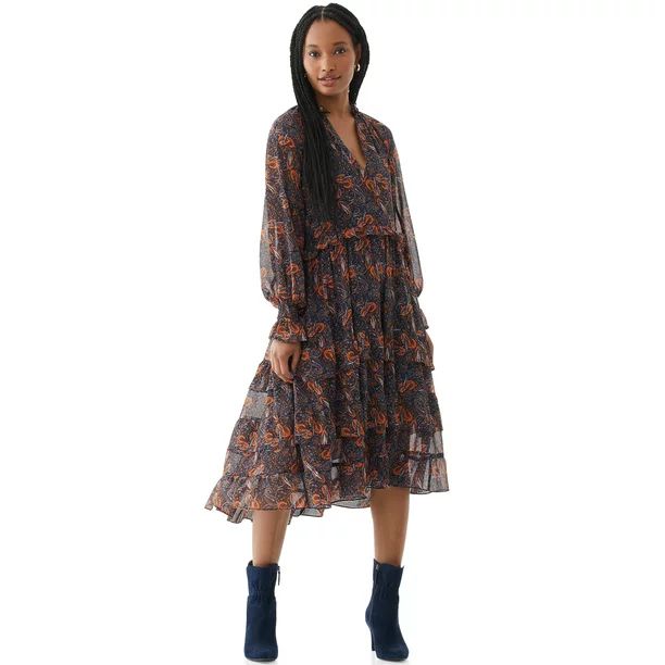Scoop Women's Printed Tiered Maxi Dress with Long Sleeves | Walmart (US)