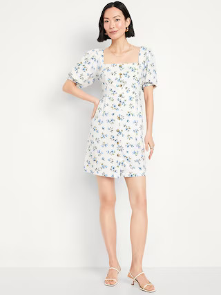 Puff-Sleeve Linen-Blend Mini Dress | Old Navy (US)