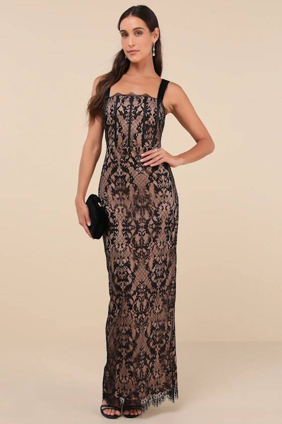 Classy Flirtation Black and Beige Lace Bustier Maxi Dress | Lulus