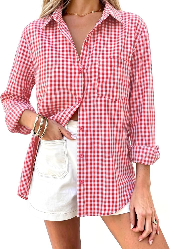 siliteelon Plaid Shirts for Women Cotton Gingham Top Button Down Long Sleeve Casual Collared Dres... | Amazon (US)