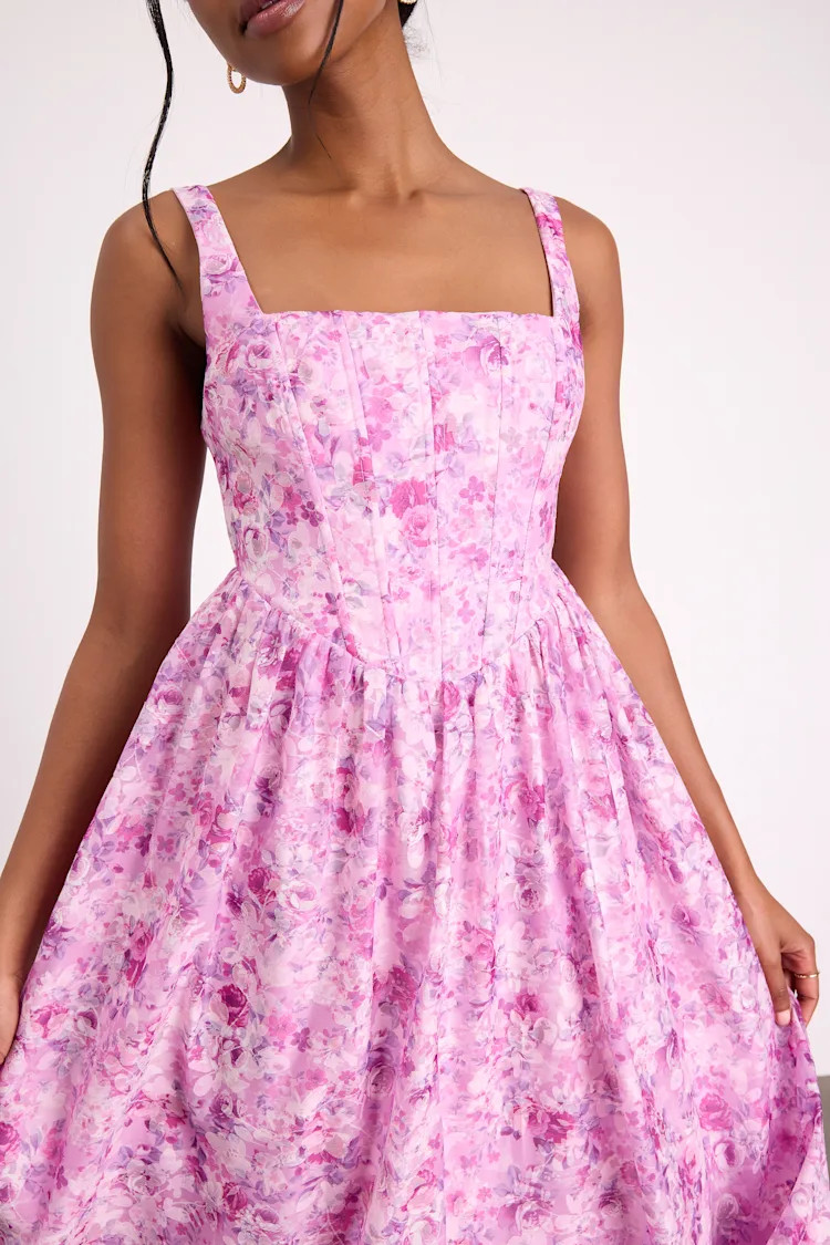 Colwyn Light Magenta Floral Jacquard Bustier Midi Dress | Lulus