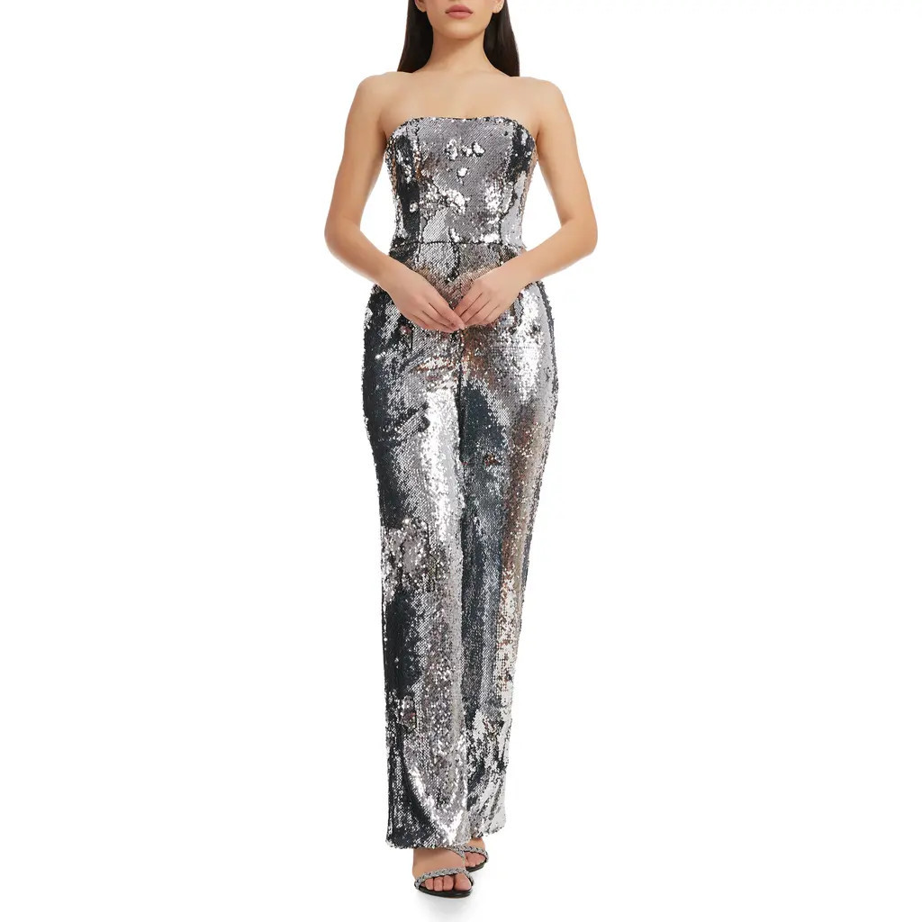 Dress the Population Andy Sequin Strapless Jumpsuit in Silver at Nordstrom, Size Small | Nordstrom