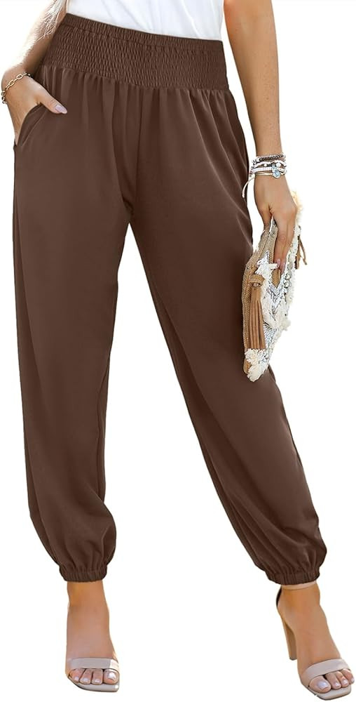 Dokotoo Womens High Waisted Pants Summer Casual Loose Wide Leg Palazzo Flowy Beach Trousers with ... | Amazon (US)