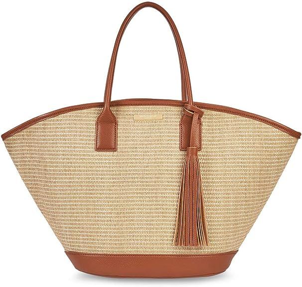 Katie Loxton Maya Tassel Womens Large Woven Straw Top Handle Tote Beach Bag Light Brown | Amazon (US)