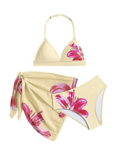 Verdusa Girl's 3 Piece Bikini Sets Boho Floral Backless Halter Top with Cover Up Skirt Swimsuit Pale Yellow 12 Years | Amazon (US)
