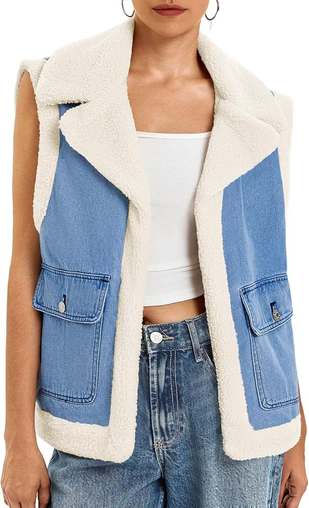 Tankaneo Womens Sherpa Denim Vest Oversized Fleece Lined Sleeveless Jean Jacket Winter Fuzzy Oute... | Amazon (US)