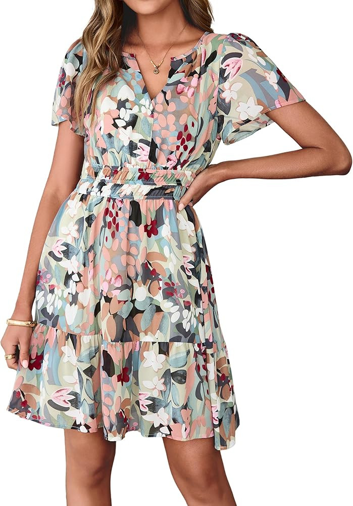Simplee Women 2026 Floral Summer Short Dress Short Sleeves V Neck Chiffon A-Line Casual Flowy Boh... | Amazon (US)