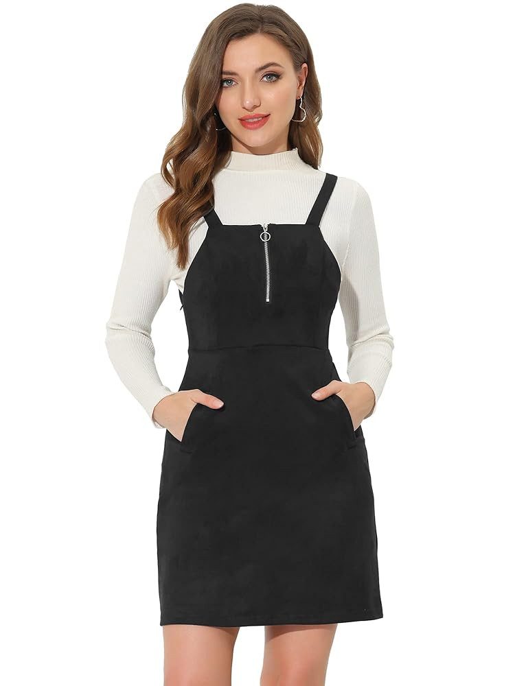 Allegra K Women's Faux Suede Zipper Front A-Line Overall Pinafore Dress | Amazon (US)