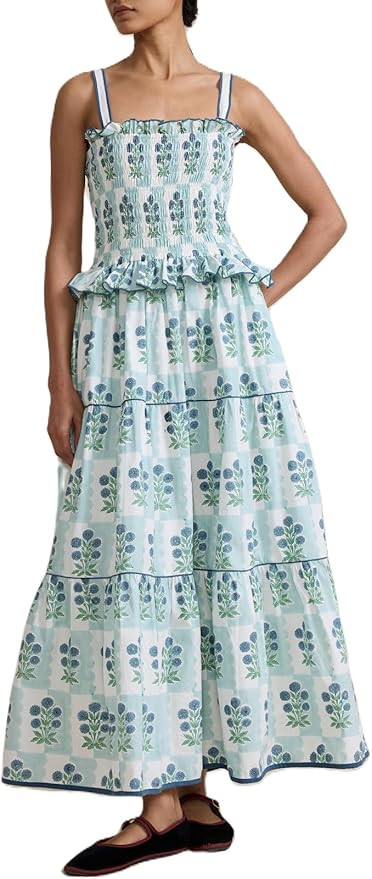 Women Y2k Boho Floral Maxi Dress Spaghetti Strap Loose Long Dress Flowy Smocked Beach Sundress | Amazon (US)