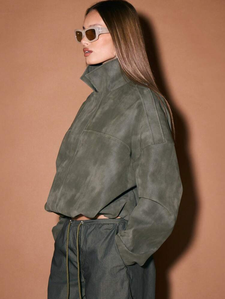KIZN Oversized Khaki Suede Utility Coat With Stand Collar And Zip Closure Winter Outerwear | SHEIN