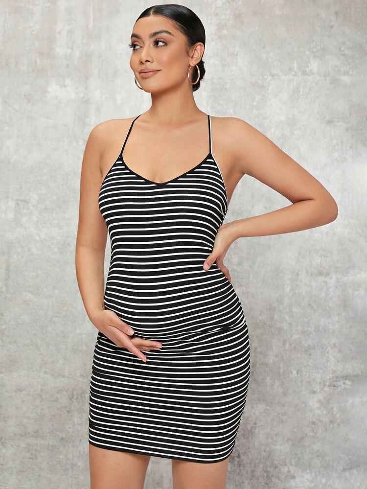 SHEIN BASICS Maternity Striped Crisscross Back Dress | SHEIN