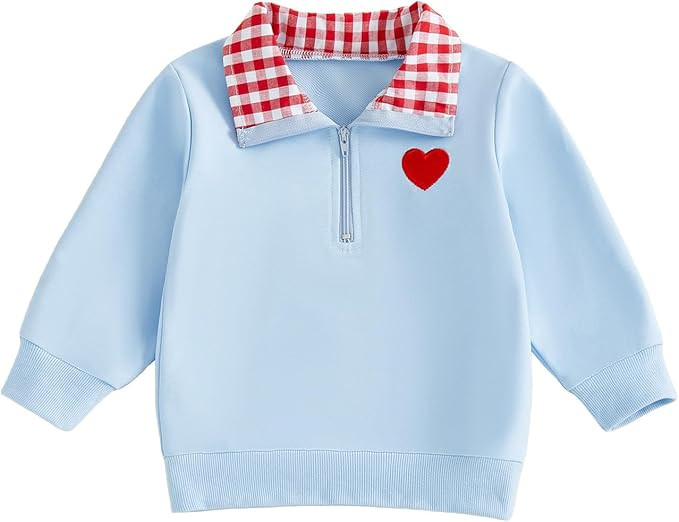 Toddler Boy Girl Valentines Day Outfit Heart Embroidery Sweatshirt Lapel Neck Pullover Shirt Top ... | Amazon (US)
