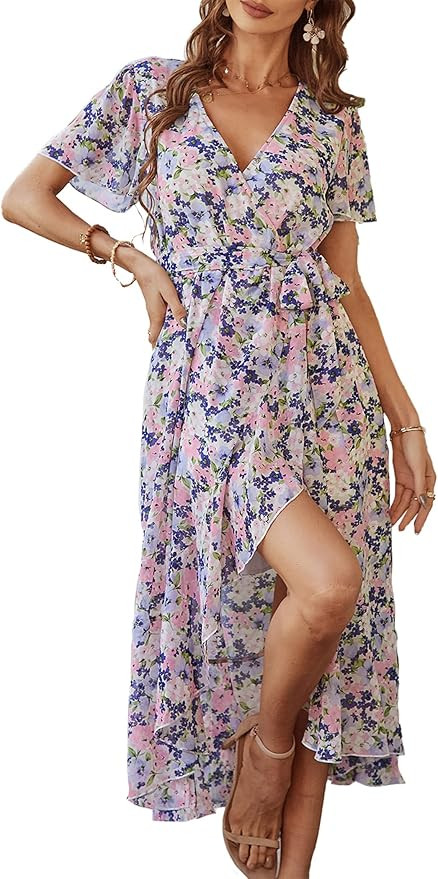 PRETTYGARDEN Women's Summer Floral Boho Maxi Dress Short Sleeve Wrap V Neck Ruffle Long Flowy Bea... | Amazon (US)