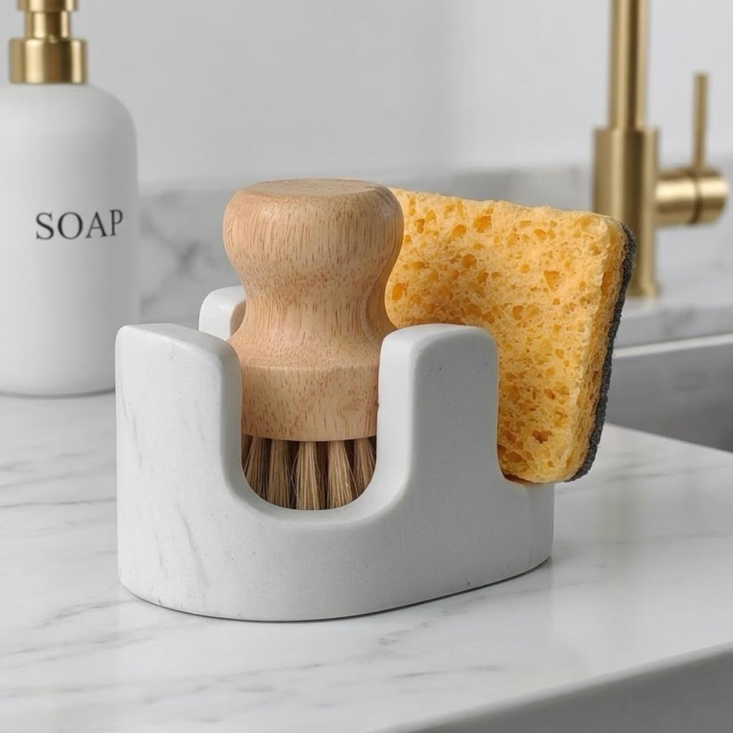 White Marble Sponge Holder for Kitchen Sink, 2-in-1 Sponge & Brush Holder with Raised Edge, 2 Slot Natural Stone Sink Caddy for Countertop, Keeps Countertops Dry, Non-Slip Base, Modern Kitchen Decor | Amazon (US)