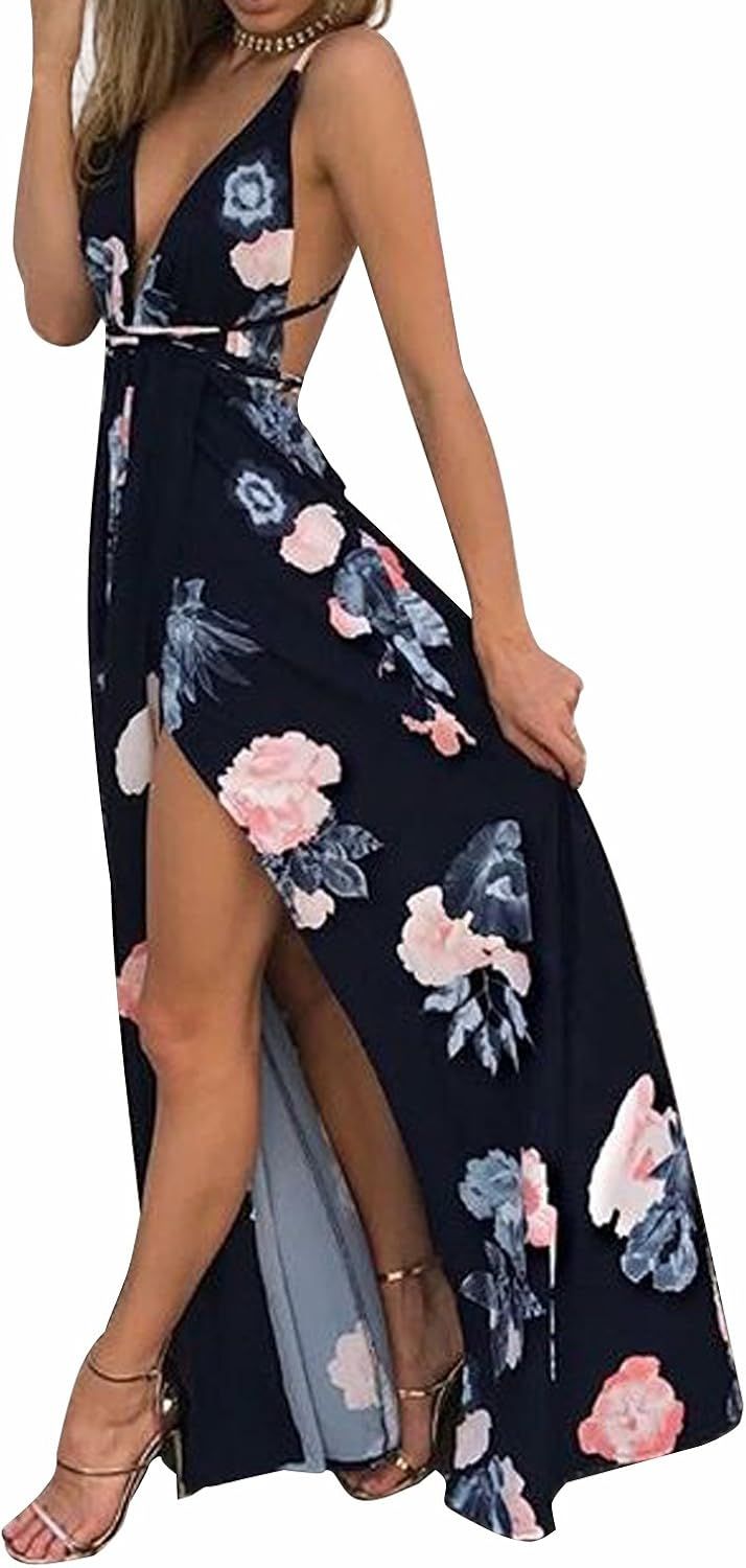 BerryGo Women's Sexy Deep V Neck Backless Floral Print Split Maxi Party Dress | Amazon (US)