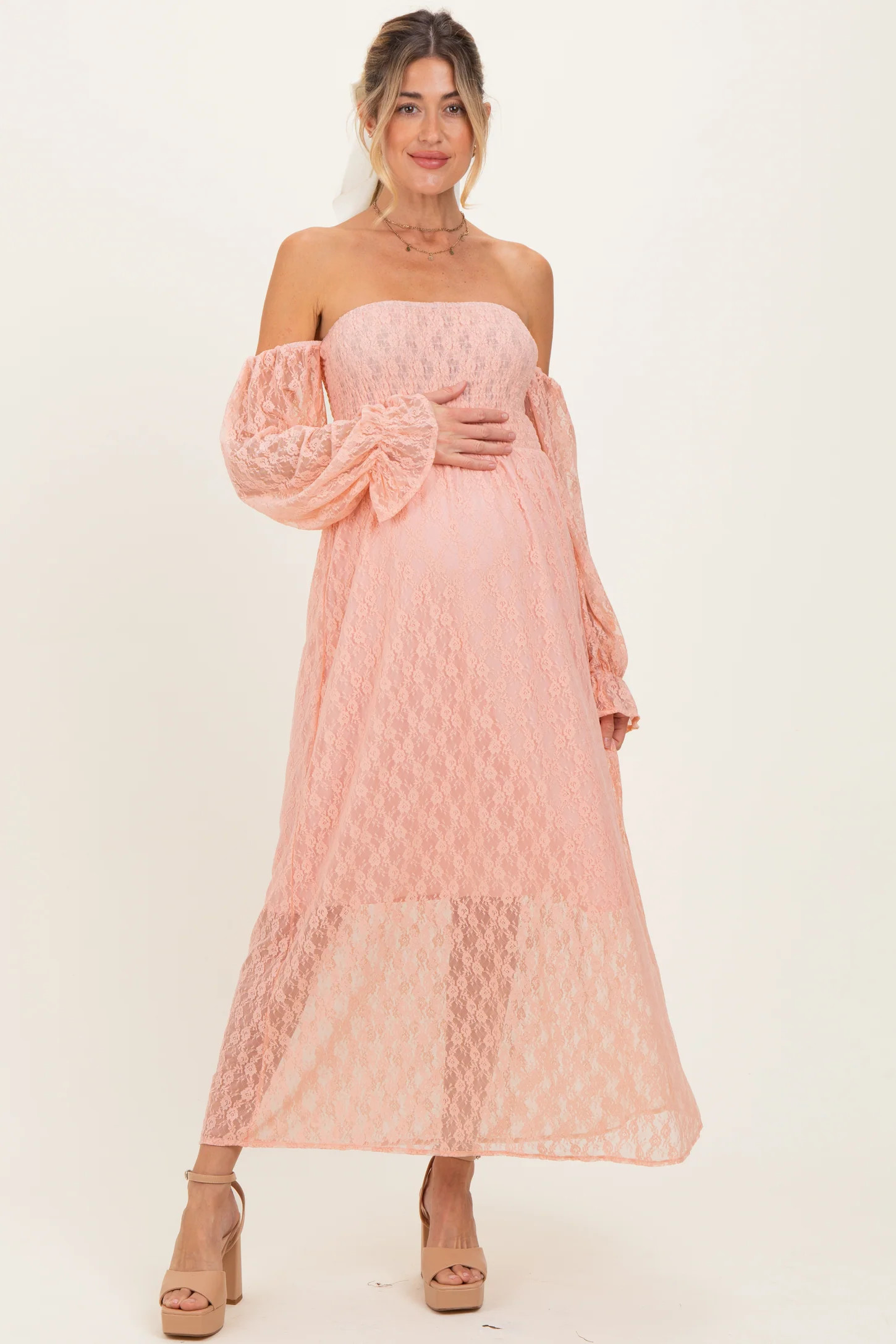 Peach Lace Overlay Smocked Maternity Maxi Dress | PinkBlush Maternity