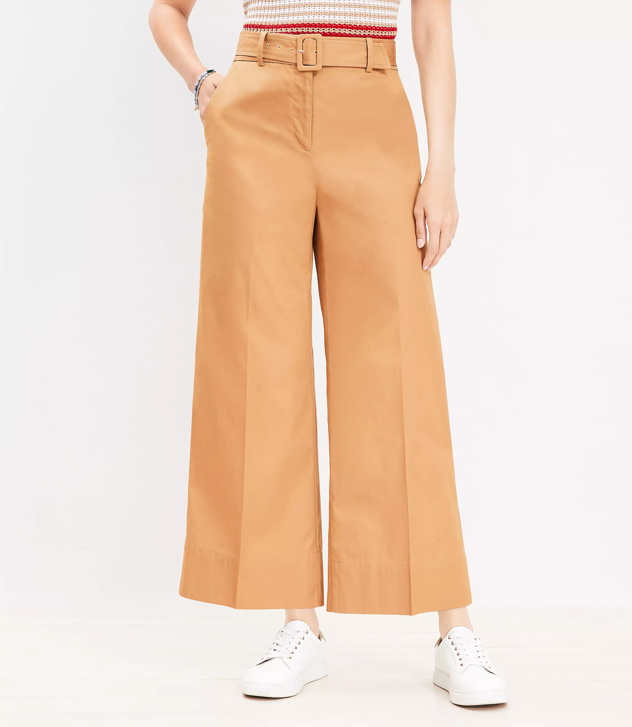 Petite Belted Wide Leg Crop Pants in Poplin | LOFT