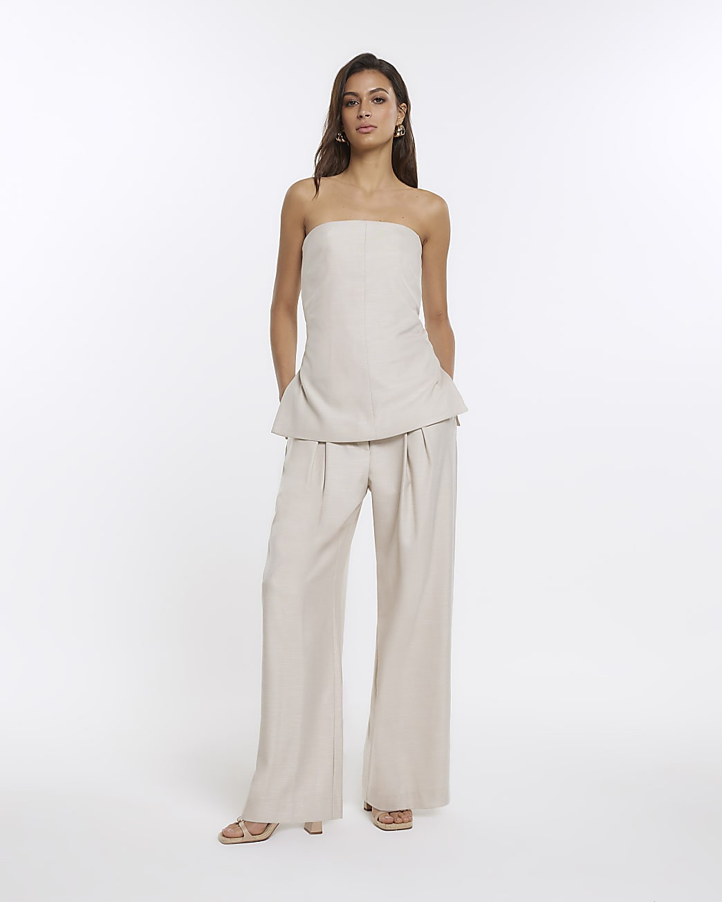 Cream RI Studio pleated wide leg trousers | River Island (UK & IE)
