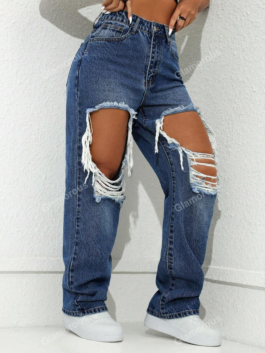 Street High Waist Slant Pocket Ripped Straight Leg Jean Scowgirl Outfit | SHEIN