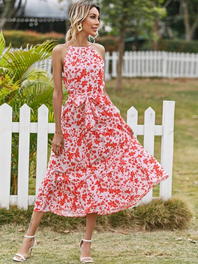 Floral Belted Ruffle Hem Halter Dress | SHEIN