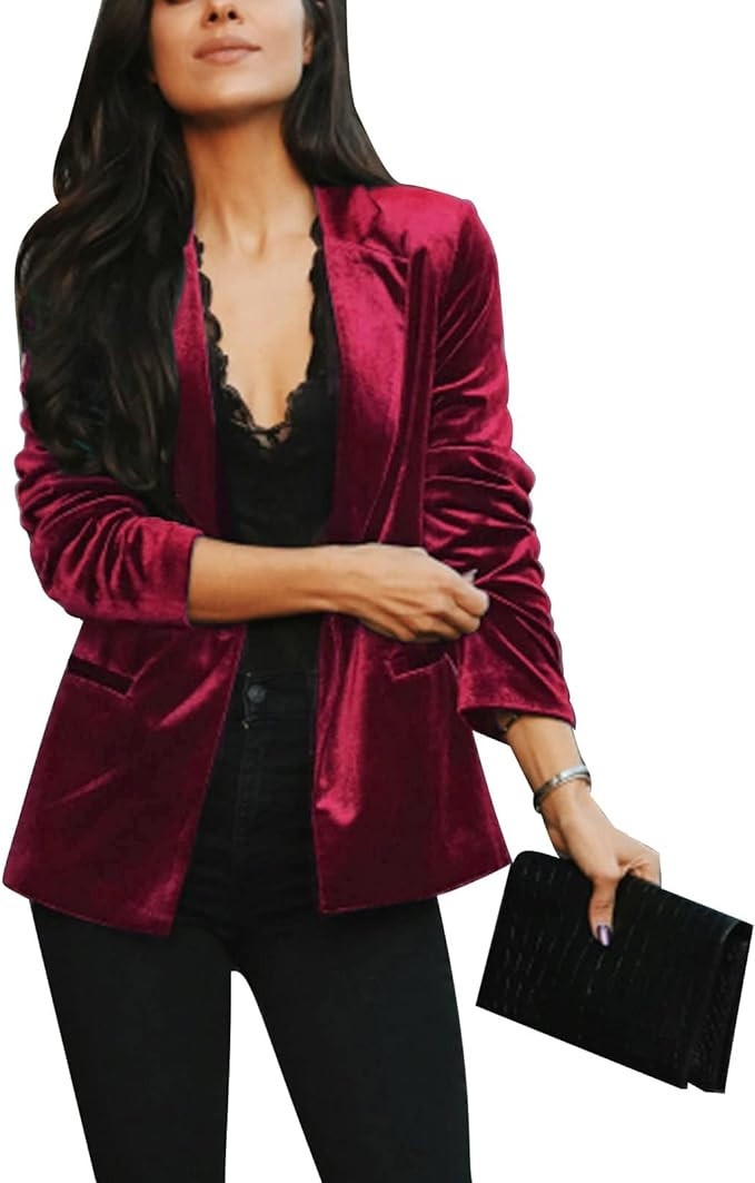 Women's Velvet Suit Blazer Jacket Casual Office Work Long Sleeve Button Pockets Tailored Jacket C... | Amazon (US)