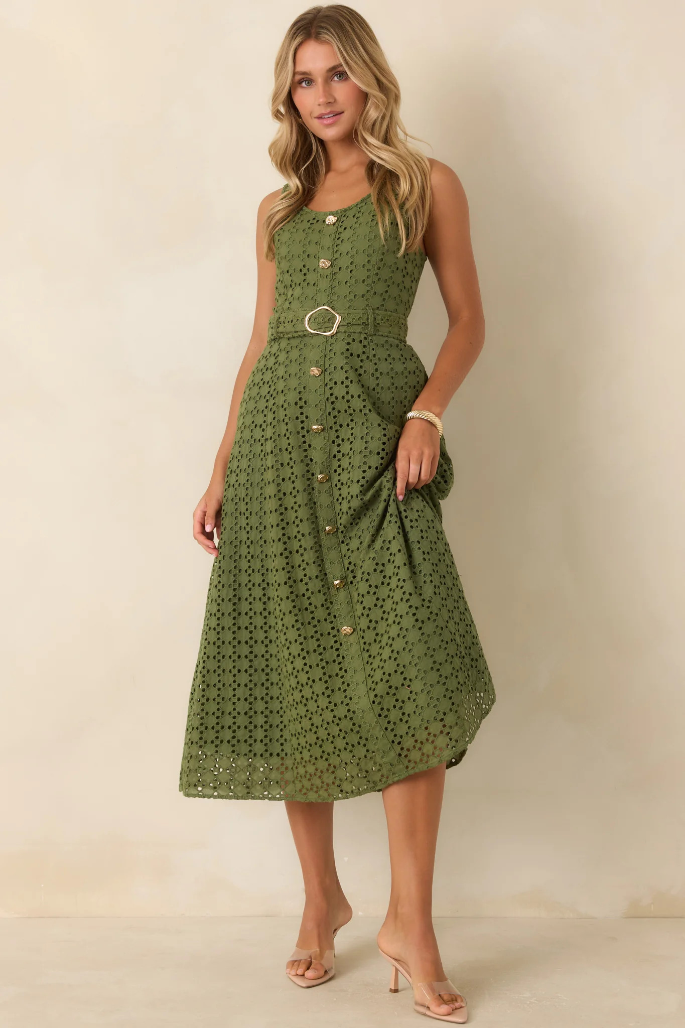 Garden Society Olive Green Cotton Eyelet Sleeveless Midi Dress | Red Dress