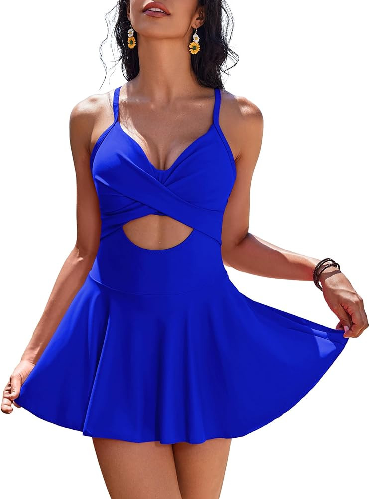 AI'MAGE Women's One Piece Swimdress V Neck Tie Back Skirt Swimsuit Push Up Tummy Control Bathing ... | Amazon (US)