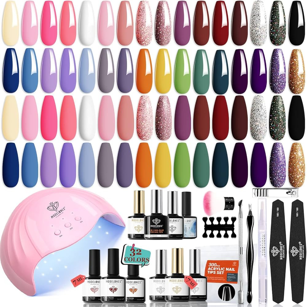 Modelones 49 Pcs Gel Nail Polish Kit with U V Light-32 Trendy Colors Gel Nail Polish Set, 48W Nai... | Amazon (US)