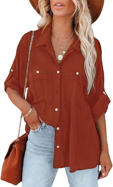 Women's Button Down Blouse Shirts Long Sleeve & V Neck Casual Collared Roll up Shirts, Oversized Blo | Amazon (US)