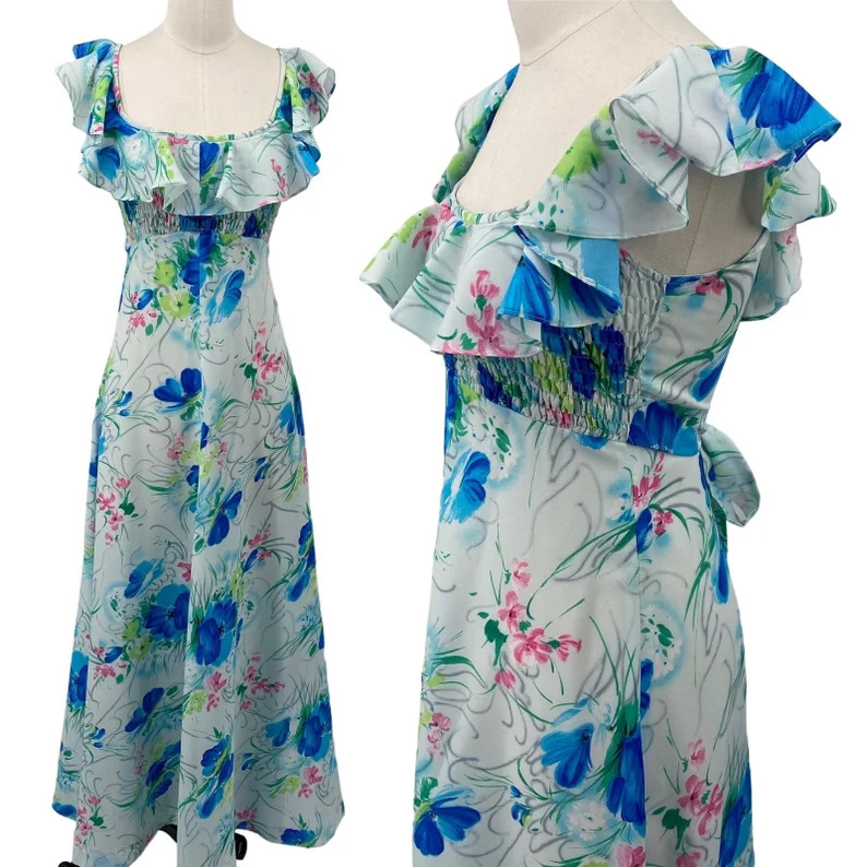 Vintage 60s 70s Fumis Hawaiian Maxi Dress Watercolor Floral Ruffled Neck Blue XS - Etsy | Etsy (US)