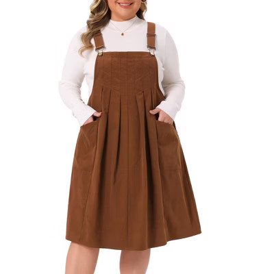 Women's Plus Size Corduroy Adjustable Strap Pleated Midi Casual Overall Pinafore Dress with Pockets - Agnes Orinda 4X Brown | Target