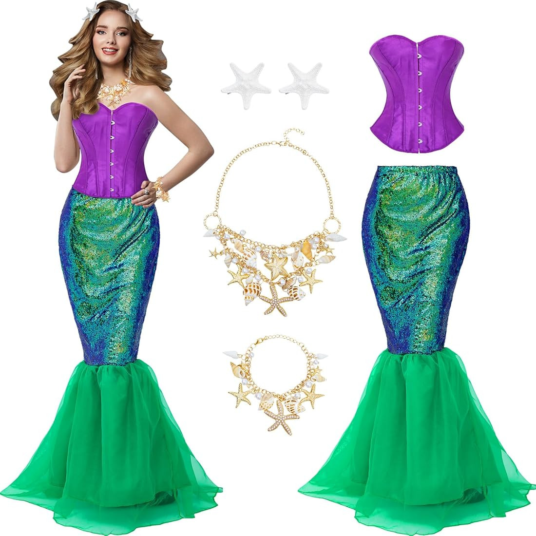 Shinymoon 5 Pcs Mermaid Costume for Women Corset Tops Sequin Skirt Starfish Pearl Necklace Bracel... | Amazon (US)