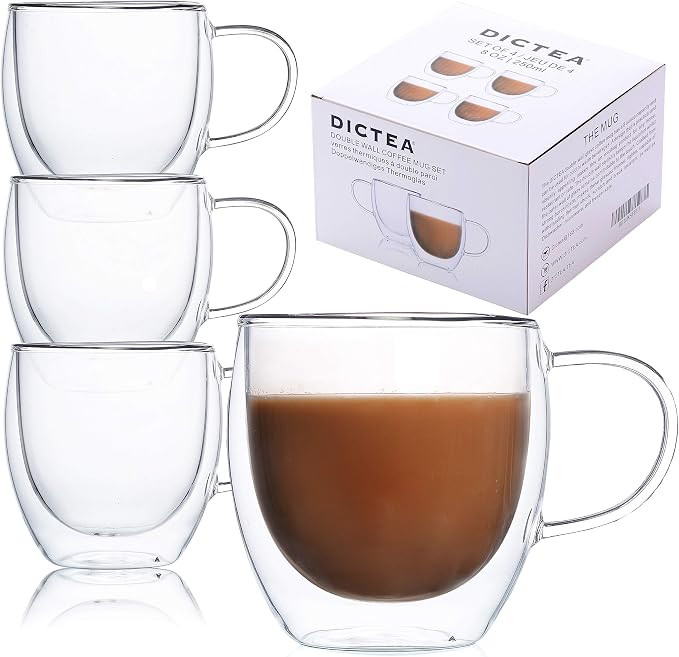 Glass Coffee or Tea Drinking Glasses Set of 4 Mugs - 8oz Double Wall Thermal Insulated Cups with ... | Amazon (CA)