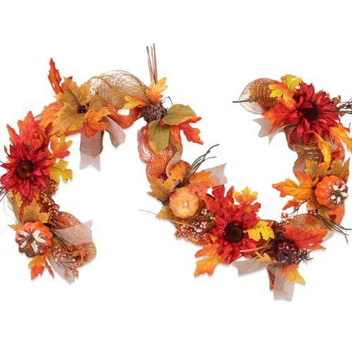 2 Pack 6ft Fall Maple Leaves Garland with Pumpkin and Berries, Artificial Sunflower Autumn Garland w/Ribbon Decor for Home Thanksgiving, Halloween, Wedding, Fireplace Porch Indoor Outdoor Decoration | Amazon (US)